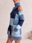 Women's Patchwork Turtleneck Knit Sweater With Fringe Hem And Cold-Shoulder Cutouts ZMZ1983J2YZH