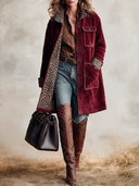 Women’s American Western Vintage Burgundy Faux Suede Mid-Length Button Coat With Leopard Print Lining And Patch Pockets ZMZ1971J5ZYY