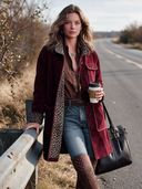 Women’s American Western Vintage Burgundy Faux Suede Mid-Length Button Coat With Leopard Print Lining And Patch Pockets ZMZ1971J5ZYY