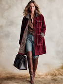 Women’s American Western Vintage Burgundy Faux Suede Mid-Length Button Coat With Leopard Print Lining And Patch Pockets ZMZ1971J5ZYY