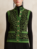 Women's Green & Black Leopard Jacquard Knit Vest With Stand Collar And Gold Buttons ZMZ1924J1YZH