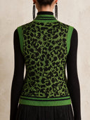 Women's Green & Black Leopard Jacquard Knit Vest With Stand Collar And Gold Buttons ZMZ1924J1YZH