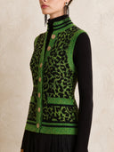 Women's Green & Black Leopard Jacquard Knit Vest With Stand Collar And Gold Buttons ZMZ1924J1YZH