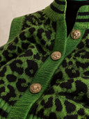 Women's Green & Black Leopard Jacquard Knit Vest With Stand Collar And Gold Buttons ZMZ1924J1YZH
