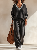 Women's Oversized Black V-Neck Knit Sweater With Greek Key Trim - Casual Drop Shoulder Pullover ZMZ1947J2ZYY