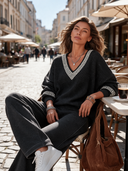 Women's Oversized Black V-Neck Knit Sweater With Greek Key Trim - Casual Drop Shoulder Pullover ZMZ1947J2ZYY