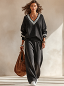 Women's Oversized Black V-Neck Knit Sweater With Greek Key Trim - Casual Drop Shoulder Pullover ZMZ1947J2ZYY