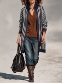 Women’s American Retro Casual Style Navy & Ivory Striped Longline Knit Zip-Up Cardigan With Ribbed Stand Collar ZMZ1957J5ZYY