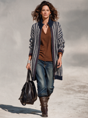 Women’s American Retro Casual Style Navy & Ivory Striped Longline Knit Zip-Up Cardigan With Ribbed Stand Collar ZMZ1957J5ZYY