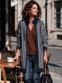 Women’s American Retro Casual Style Navy & Ivory Striped Longline Knit Zip-Up Cardigan With Ribbed Stand Collar ZMZ1957J5ZYY