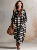 Women’s American Retro Casual Style Black And White Gingham Maxi Dress With Brown Faux Suede Half-Zip Stand Collar ZMZ1918J0ZYY