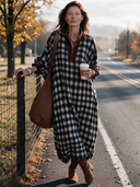 Women’s American Retro Casual Style Black And White Gingham Maxi Dress With Brown Faux Suede Half-Zip Stand Collar ZMZ1918J0ZYY