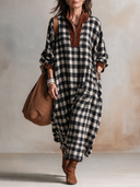 Women’s American Retro Casual Style Black And White Gingham Maxi Dress With Brown Faux Suede Half-Zip Stand Collar ZMZ1918J0ZYY