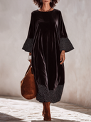 Women’s French-Style Vintage Elegance Black Velvet Maxi Dress With Polka Dot Flared Cuffs And Hem, Loose Long Sleeve Dress ZMZ1975J0ZYY