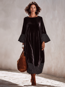 Women’s French-Style Vintage Elegance Black Velvet Maxi Dress With Polka Dot Flared Cuffs And Hem, Loose Long Sleeve Dress ZMZ1975J0ZYY