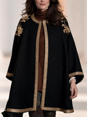 Women’s French-Style Vintage Elegance Black Open-Front Cape Coat With Gold Floral Shoulder Embroidery And Metallic Braid Trim ZMZ1928J7ZYY