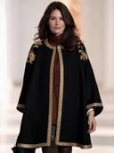 Women’s French-Style Vintage Elegance Black Open-Front Cape Coat With Gold Floral Shoulder Embroidery And Metallic Braid Trim ZMZ1928J7ZYY