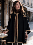 Women’s French-Style Vintage Elegance Black Open-Front Cape Coat With Gold Floral Shoulder Embroidery And Metallic Braid Trim ZMZ1928J7ZYY