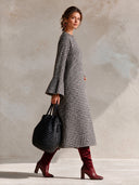 Women’s French-Style Vintage Elegance Houndstooth Maxi Dress With Bell Sleeves, Round Neck A-Line Long Sleeve Dress ZMZ2043J3ZYY