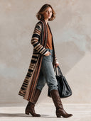 Women’s American Vintage Western Style Longline Striped Knit Cardigan With Shawl Collar In Black, Cream And Brown ZMZ2064J9ZYY