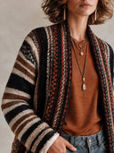 Women’s American Vintage Western Style Longline Striped Knit Cardigan With Shawl Collar In Black, Cream And Brown ZMZ2064J9ZYY