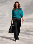 Women's Teal Waffle Knit Pullover Sweater with Contrast Charcoal Ribbed Trim, Relaxed Drop Shoulder Crewneck ZMZ2014J6ZYY