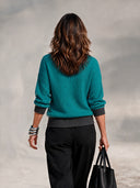 Women's Teal Waffle Knit Pullover Sweater with Contrast Charcoal Ribbed Trim, Relaxed Drop Shoulder Crewneck ZMZ2014J6ZYY