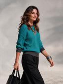 Women's Teal Waffle Knit Pullover Sweater with Contrast Charcoal Ribbed Trim, Relaxed Drop Shoulder Crewneck ZMZ2014J6ZYY