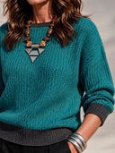 Women's Teal Waffle Knit Pullover Sweater with Contrast Charcoal Ribbed Trim, Relaxed Drop Shoulder Crewneck ZMZ2014J6ZYY