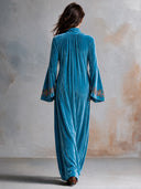 Women’s French-Style Vintage Elegance Teal Blue Velvet Maxi Dress With Funnel Neck, Bell Sleeves And Embroidered Cuffs ZMZ2060J2ZYY