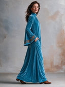 Women’s French-Style Vintage Elegance Teal Blue Velvet Maxi Dress With Funnel Neck, Bell Sleeves And Embroidered Cuffs ZMZ2060J2ZYY