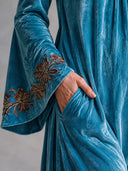 Women’s French-Style Vintage Elegance Teal Blue Velvet Maxi Dress With Funnel Neck, Bell Sleeves And Embroidered Cuffs ZMZ2060J2ZYY