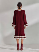 Women’s French-Style Vintage Elegance Burgundy Ribbed Knit Midi Dress With Cream Lace Trim, Bell Sleeves And Ruffle Hem ZMZ2069J4ZYY
