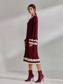 Women’s French-Style Vintage Elegance Burgundy Ribbed Knit Midi Dress With Cream Lace Trim, Bell Sleeves And Ruffle Hem ZMZ2069J4ZYY