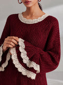 Women’s French-Style Vintage Elegance Burgundy Ribbed Knit Midi Dress With Cream Lace Trim, Bell Sleeves And Ruffle Hem ZMZ2069J4ZYY