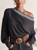 Women's Off-Shoulder Draped Neck Pullover Sweater – Relaxed Long Sleeve Knit Top ZMZ2057J5YZH