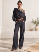 Women's Off-Shoulder Draped Neck Pullover Sweater – Relaxed Long Sleeve Knit Top ZMZ2057J5YZH