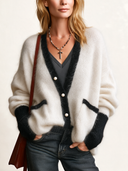 Women’s Elegant V-Neck Color-Block Mohair Cardigan ZMZ2045J0SWL
