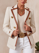 Women's Cream Tweed Blazer With Tan Contrast Trim And Gold Buttons – Tailored Fit ZMZ2044J8YZH