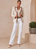 Women's Cream Tweed Blazer With Tan Contrast Trim And Gold Buttons – Tailored Fit ZMZ2044J8YZH