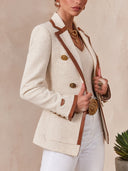 Women's Cream Tweed Blazer With Tan Contrast Trim And Gold Buttons – Tailored Fit ZMZ2044J8YZH