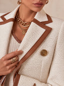 Women's Cream Tweed Blazer With Tan Contrast Trim And Gold Buttons – Tailored Fit ZMZ2044J8YZH