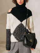 Women's Chunky Knit Turtleneck Sweater, Black And Ivory Argyle Colorblock, Cold-Shoulder Oversized Pullover ZMZ2061J2YZH