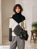 Women's Chunky Knit Turtleneck Sweater, Black And Ivory Argyle Colorblock, Cold-Shoulder Oversized Pullover ZMZ2061J2YZH