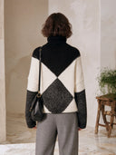 Women's Chunky Knit Turtleneck Sweater, Black And Ivory Argyle Colorblock, Cold-Shoulder Oversized Pullover ZMZ2061J2YZH