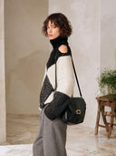 Women's Chunky Knit Turtleneck Sweater, Black And Ivory Argyle Colorblock, Cold-Shoulder Oversized Pullover ZMZ2061J2YZH
