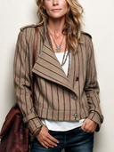 Women’s Classic Vintage-Style Brown Striped Stand-Collar Cropped Jacket ZMZ2031J9SWL