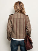 Women’s Classic Vintage-Style Brown Striped Stand-Collar Cropped Jacket ZMZ2031J9SWL