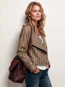 Women’s Classic Vintage-Style Brown Striped Stand-Collar Cropped Jacket ZMZ2031J9SWL