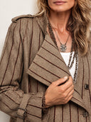 Women’s Classic Vintage-Style Brown Striped Stand-Collar Cropped Jacket ZMZ2031J9SWL